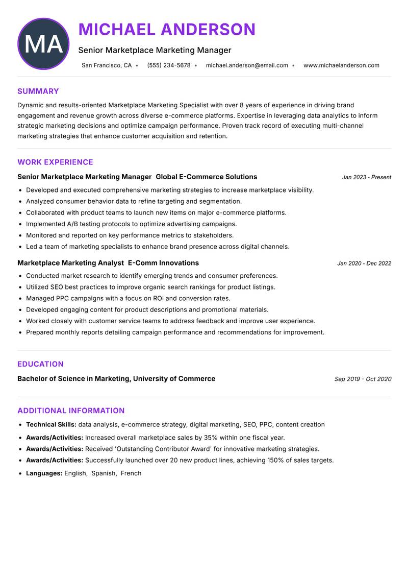 Marketplace Marketing Specialist resume example — ATS-friendly template