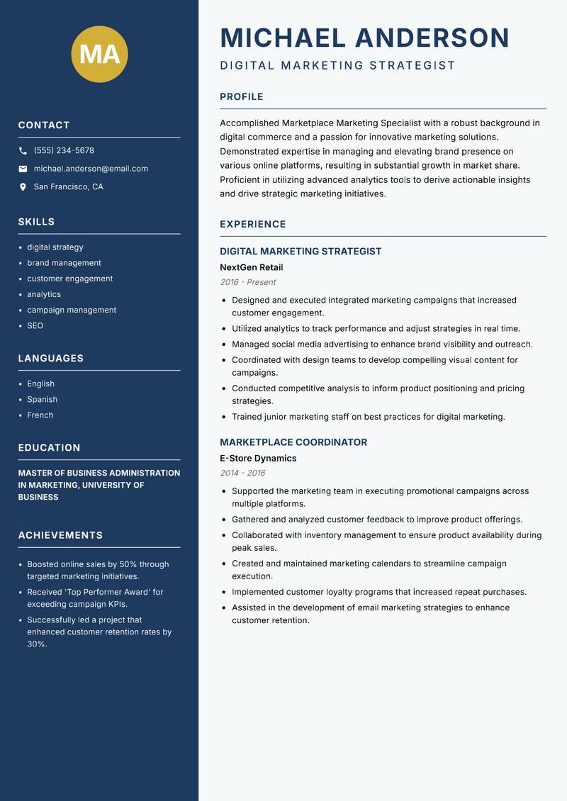 Marketplace Marketing Specialist resume template — Classic Clean