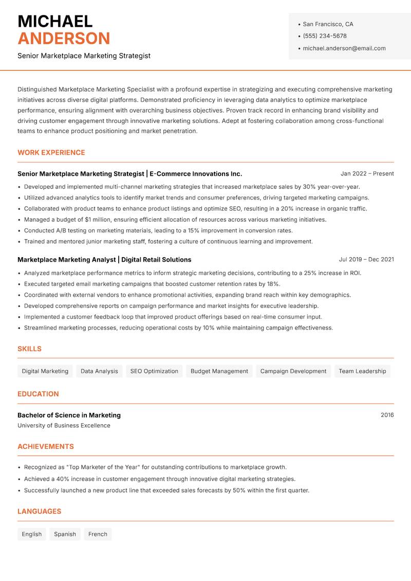 Marketplace Marketing Specialist resume template — Modern Professional