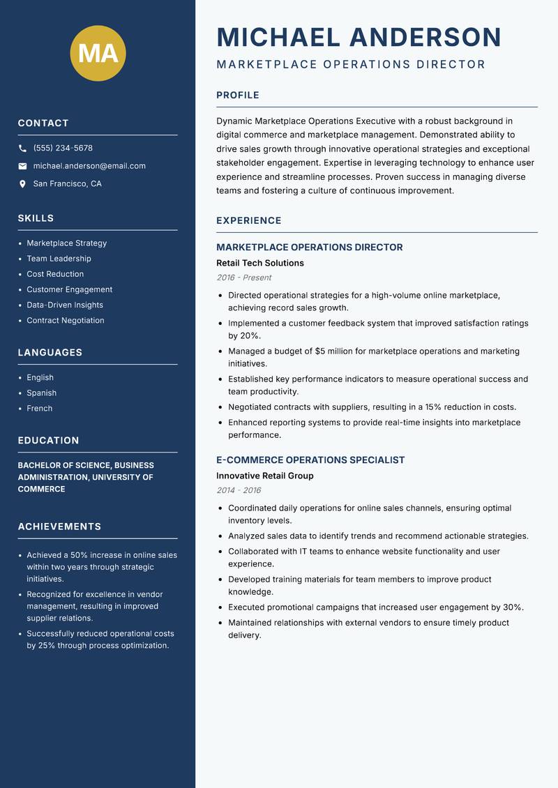 Marketplace Operations Executive resume template — Classic Clean