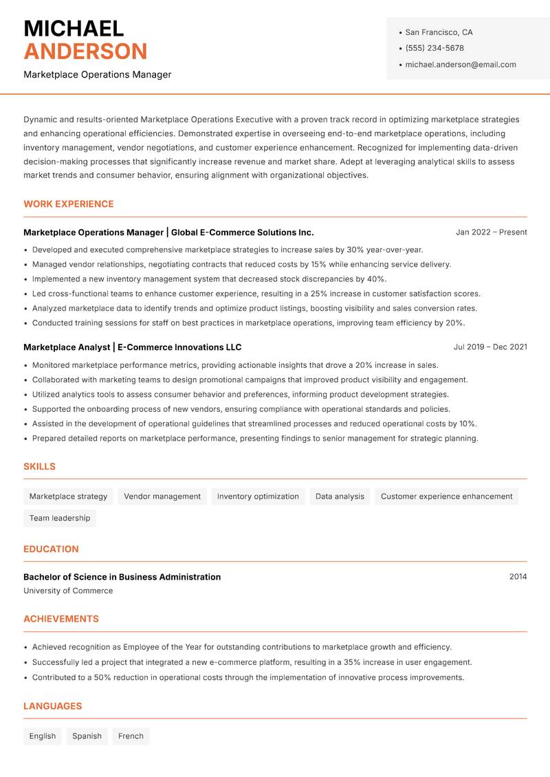 Marketplace Operations Executive resume template — Modern Professional