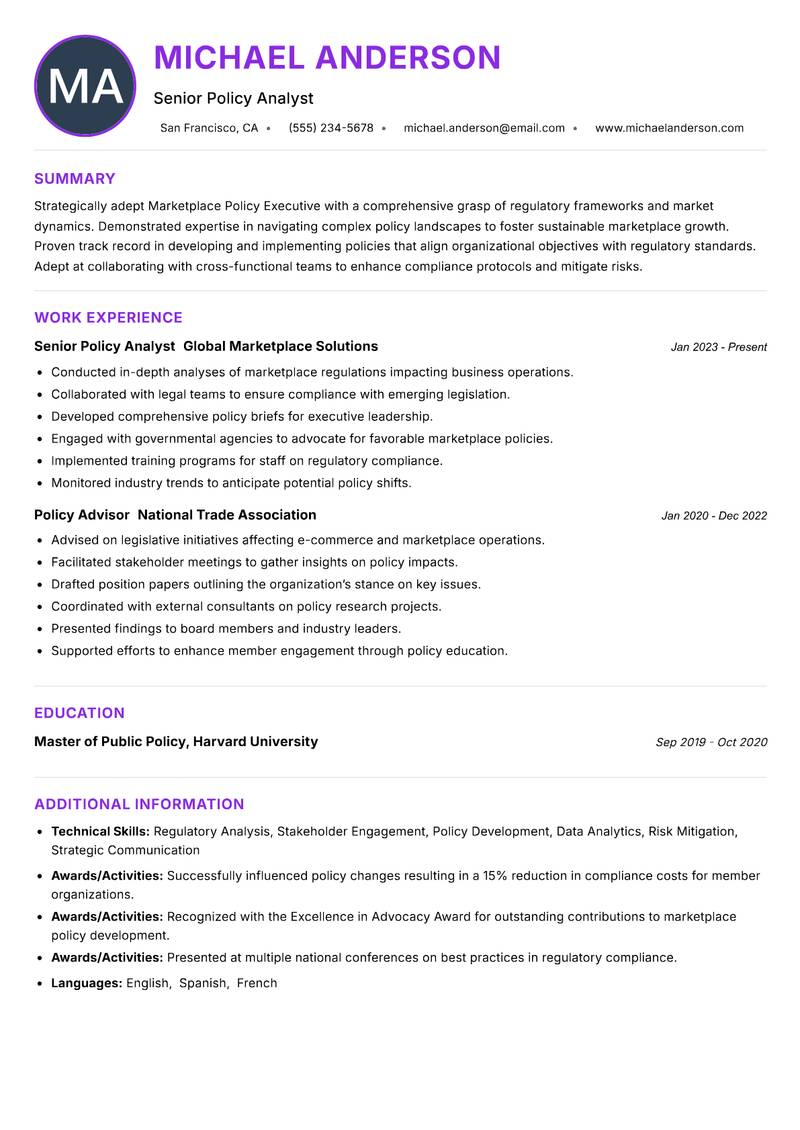 Marketplace Policy Executive resume example — ATS-friendly template
