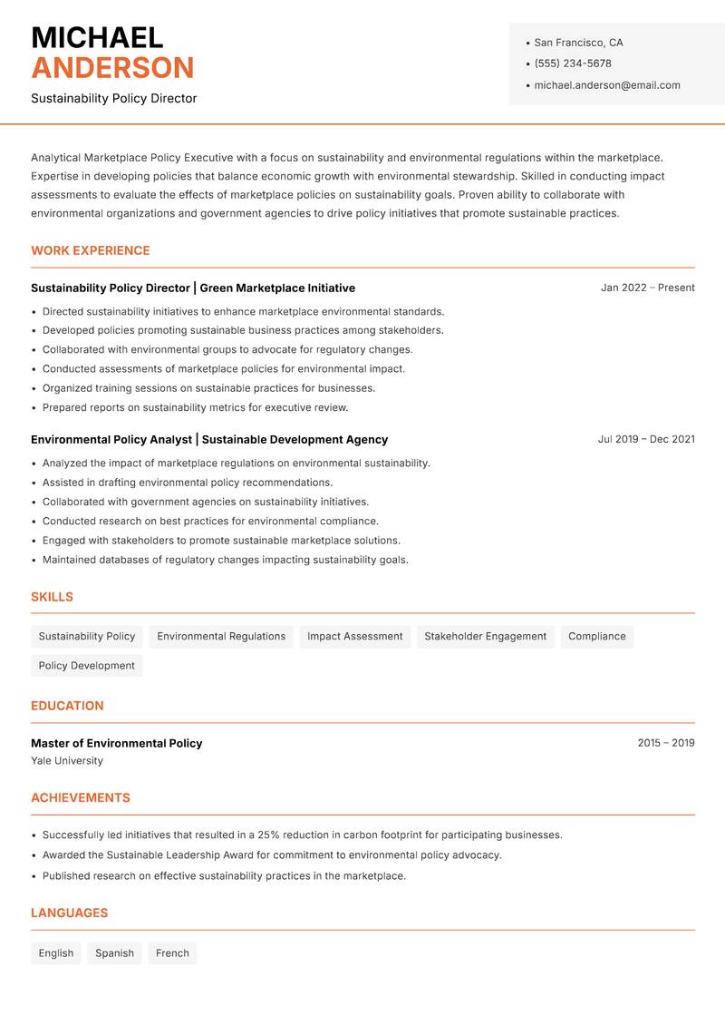 Marketplace Policy Executive resume template — Modern Professional
