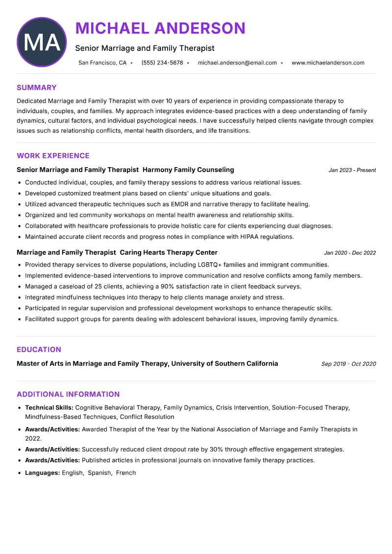 Marriage and Family Therapist resume example — ATS-friendly template