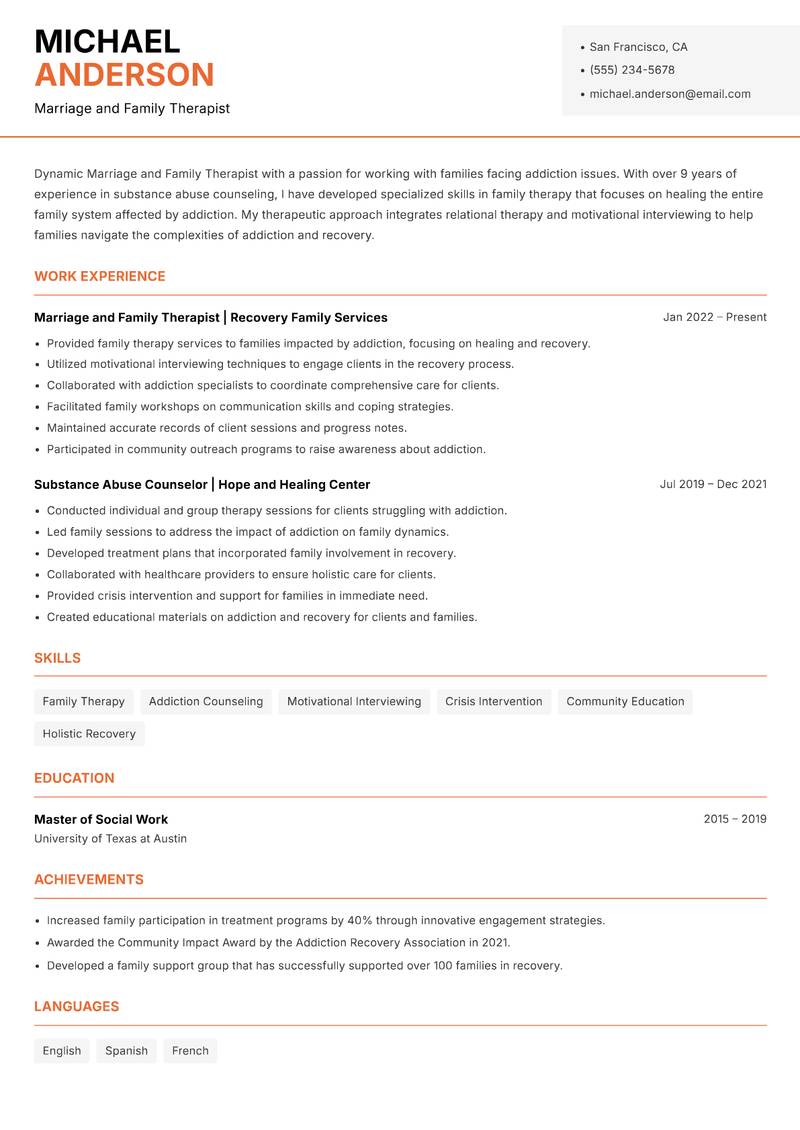 Marriage and Family Therapist resume template — Modern Professional