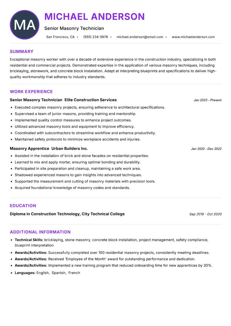 Masonry Worker resume example — ATS-friendly template