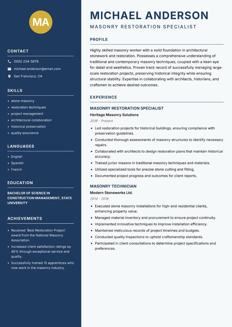 Masonry Worker resume template — Classic Clean