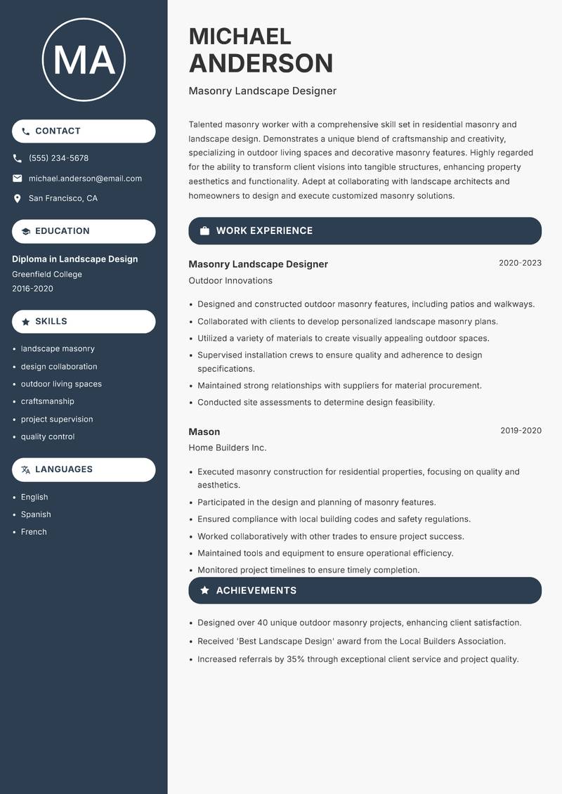 Masonry Worker resume template — Compact