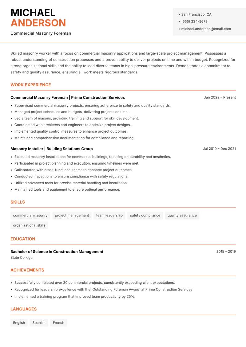 Masonry Worker resume template — Modern Professional