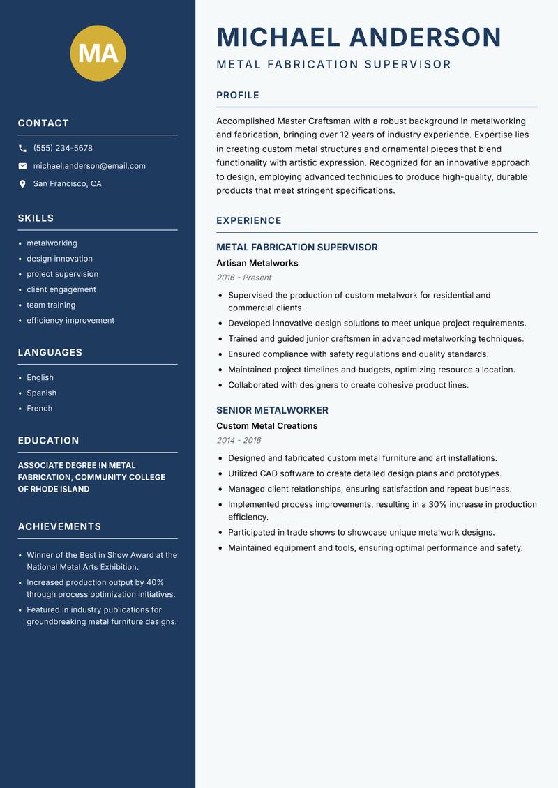 Master Craftsman resume template — Classic Clean
