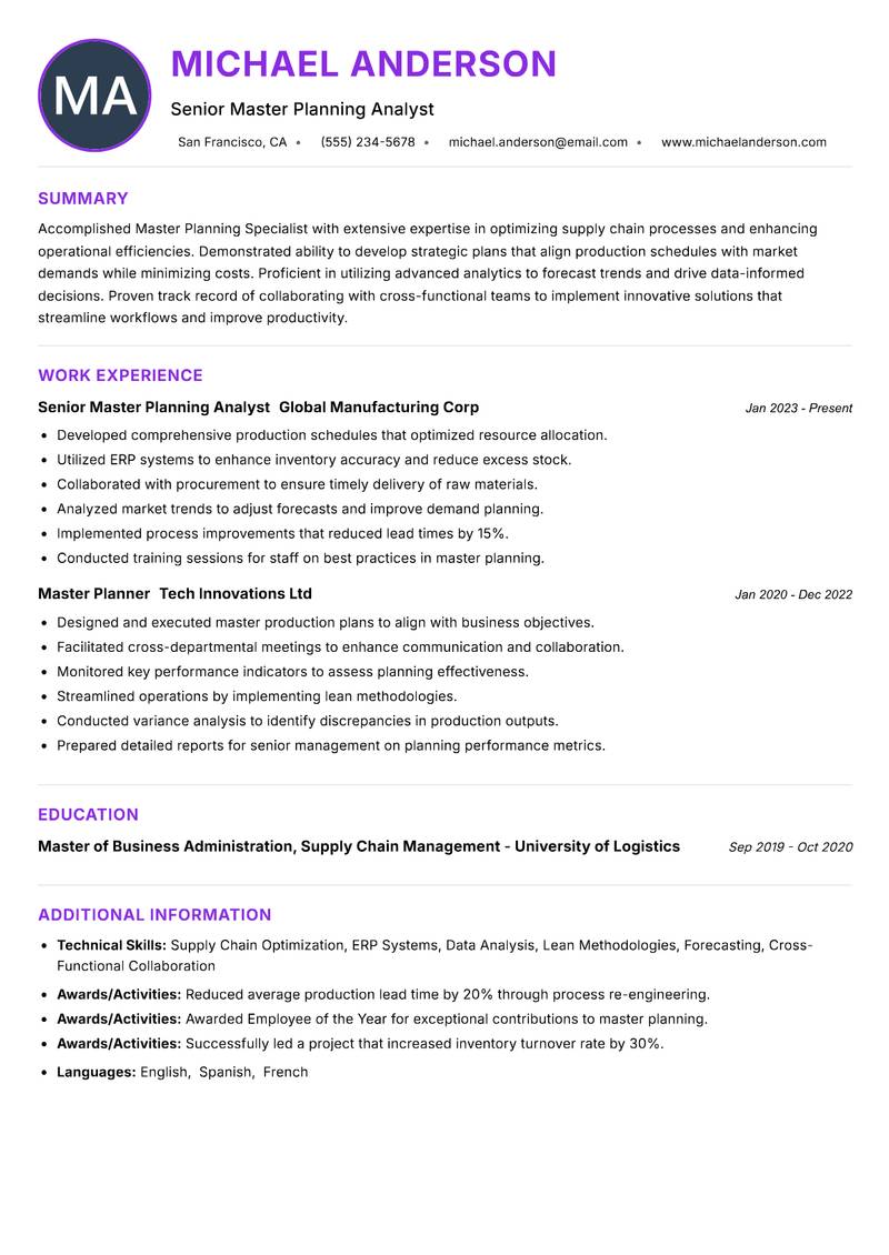 Master Planning Specialist resume example — ATS-friendly template