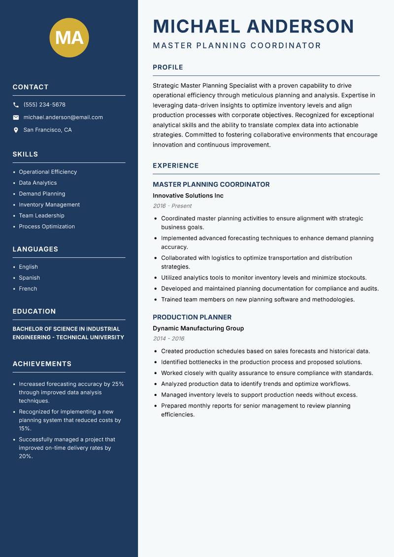 Master Planning Specialist resume template — Classic Clean