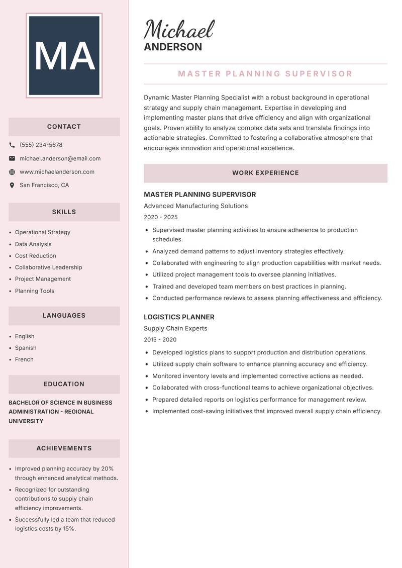 Master Planning Specialist resume template — Executive