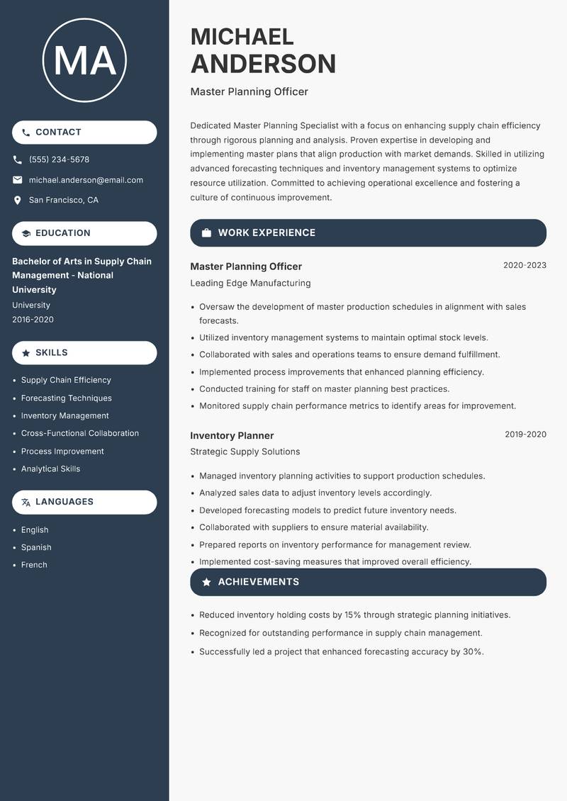 Master Planning Specialist resume template — Compact