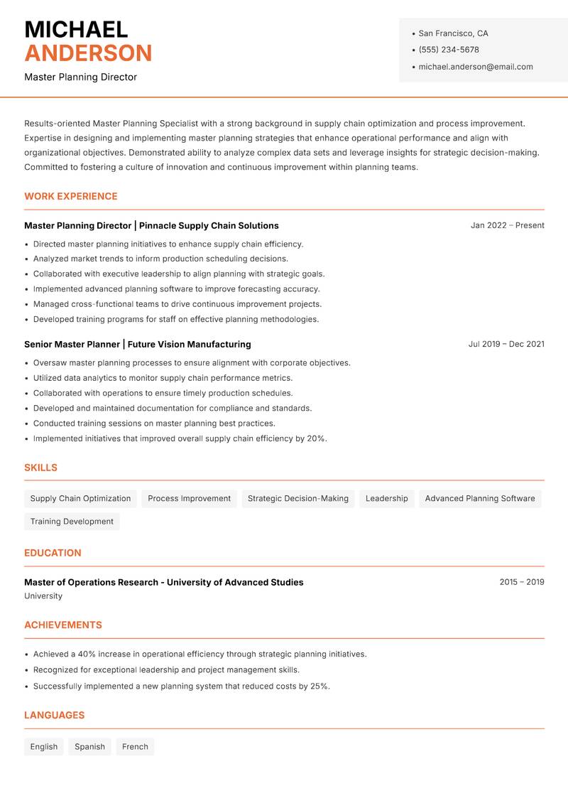 Master Planning Specialist resume template — Modern Professional