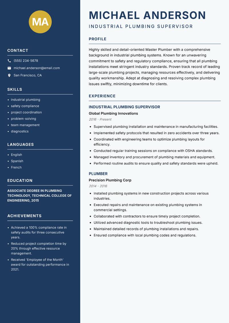 Master Plumber resume template — Classic Clean