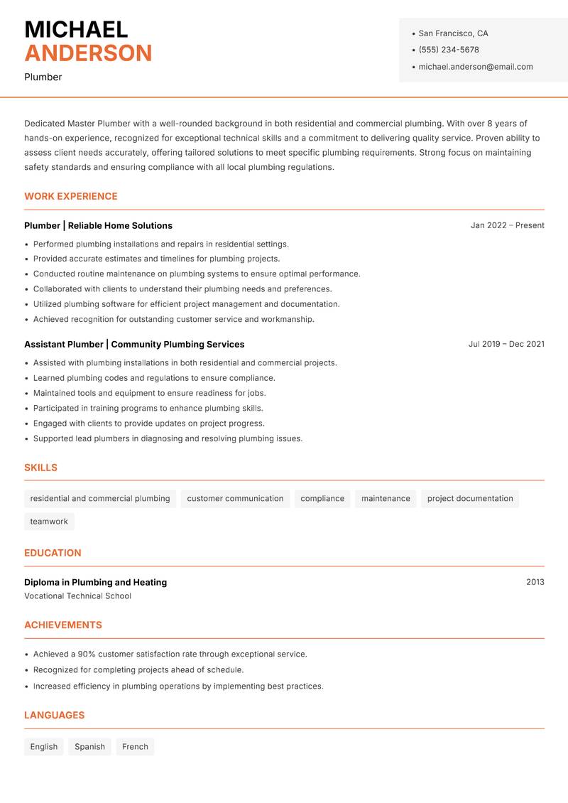 Master Plumber resume template — Modern Professional