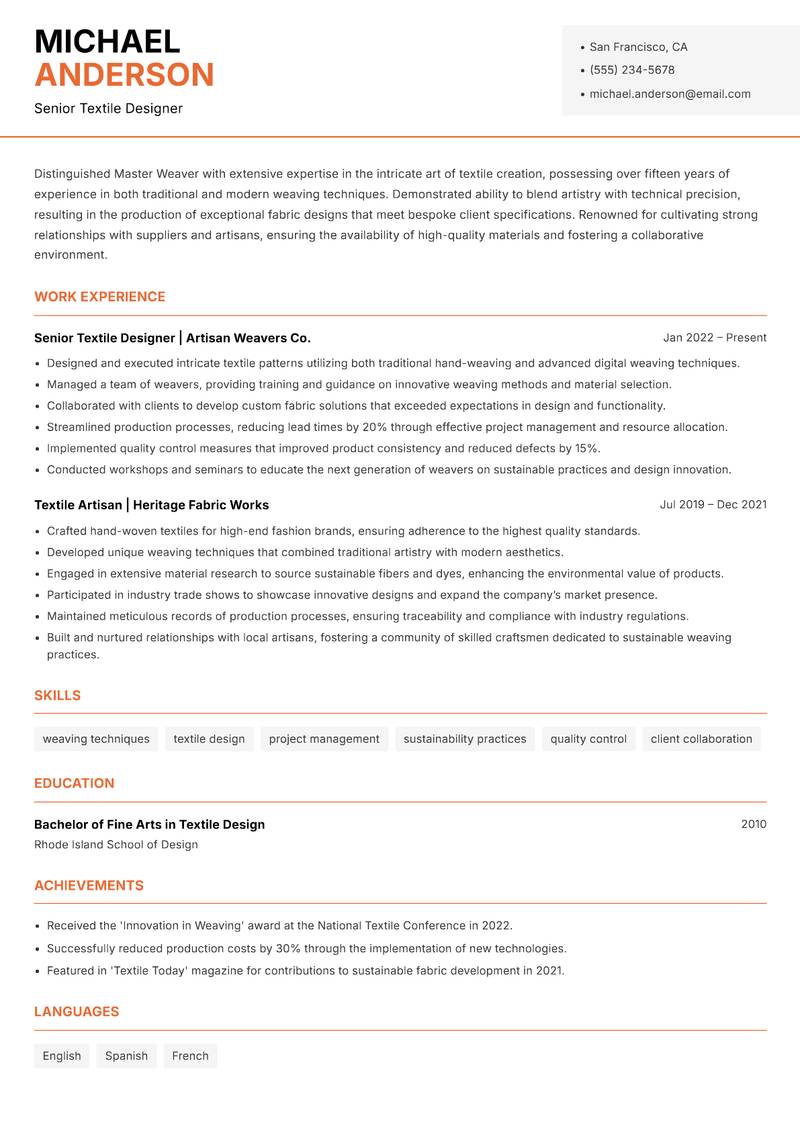 Master Weaver resume template — Modern Professional