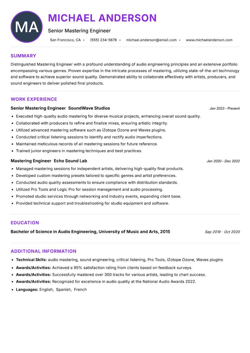 Mastering Engineer resume example — ATS-friendly template