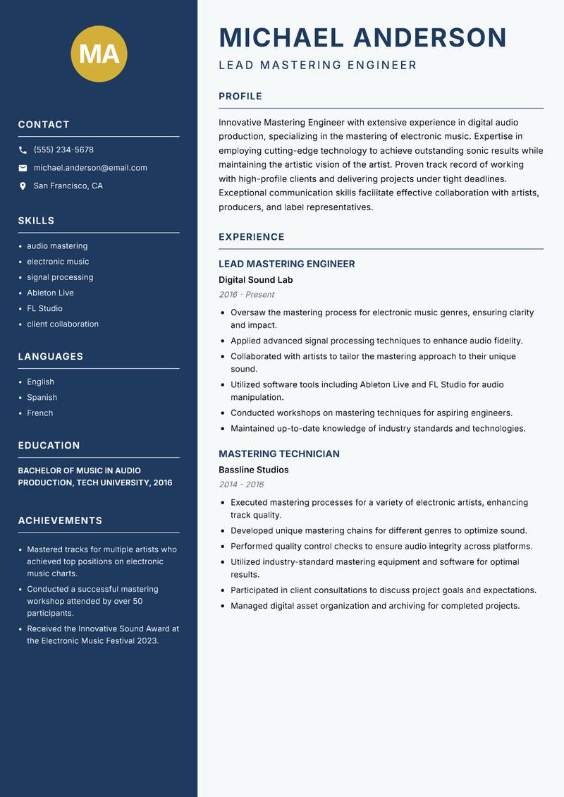 Mastering Engineer resume template — Classic Clean