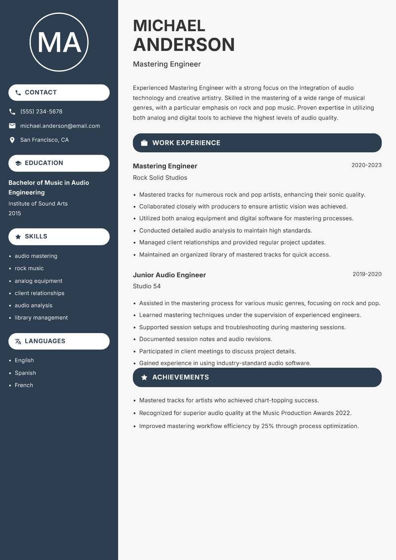 Mastering Engineer resume template — Compact