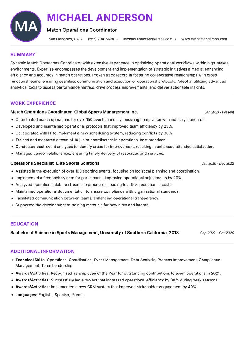Match Operations Coordinator resume example — ATS-friendly template