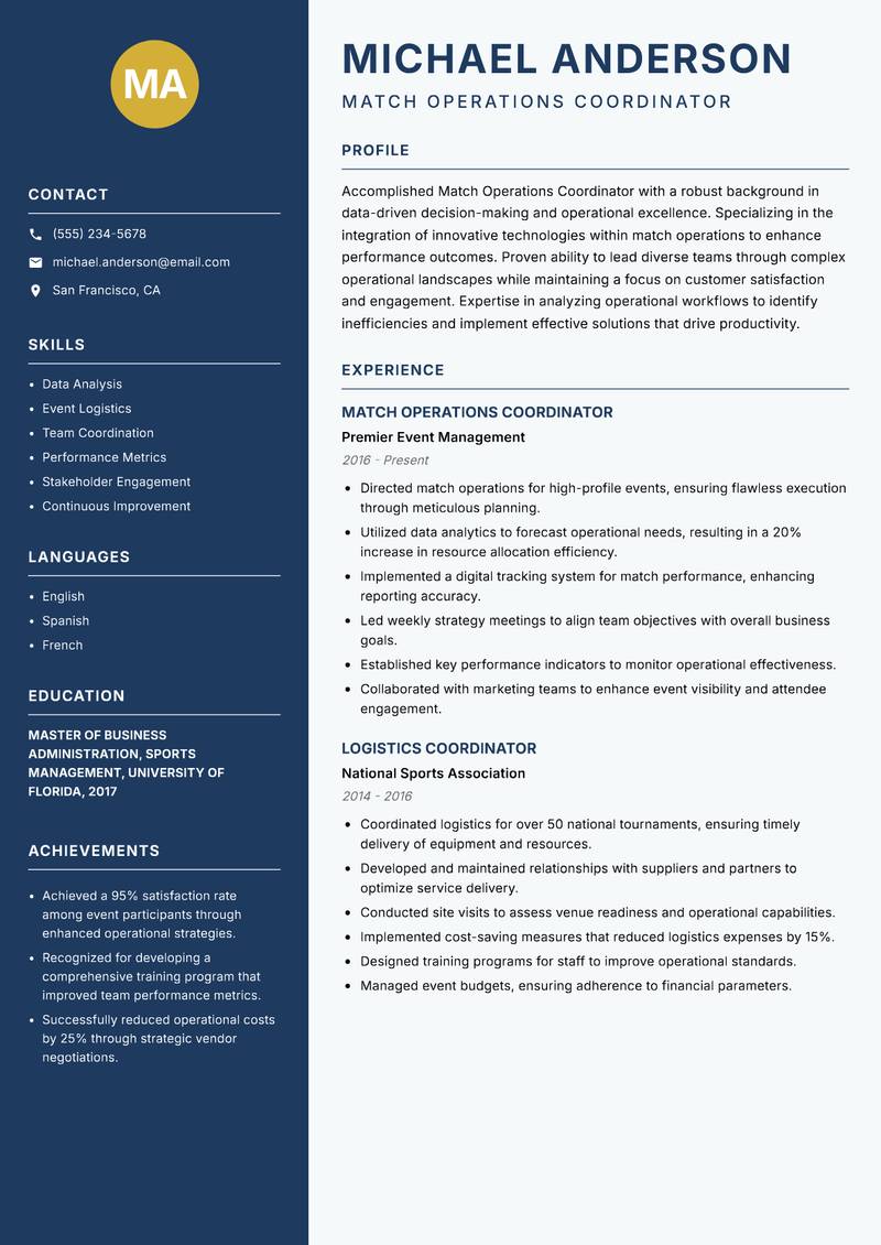 Match Operations Coordinator resume template — Classic Clean
