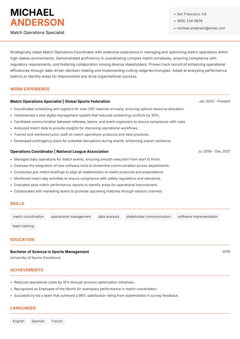 Match Operations Coordinator resume template — Modern Professional