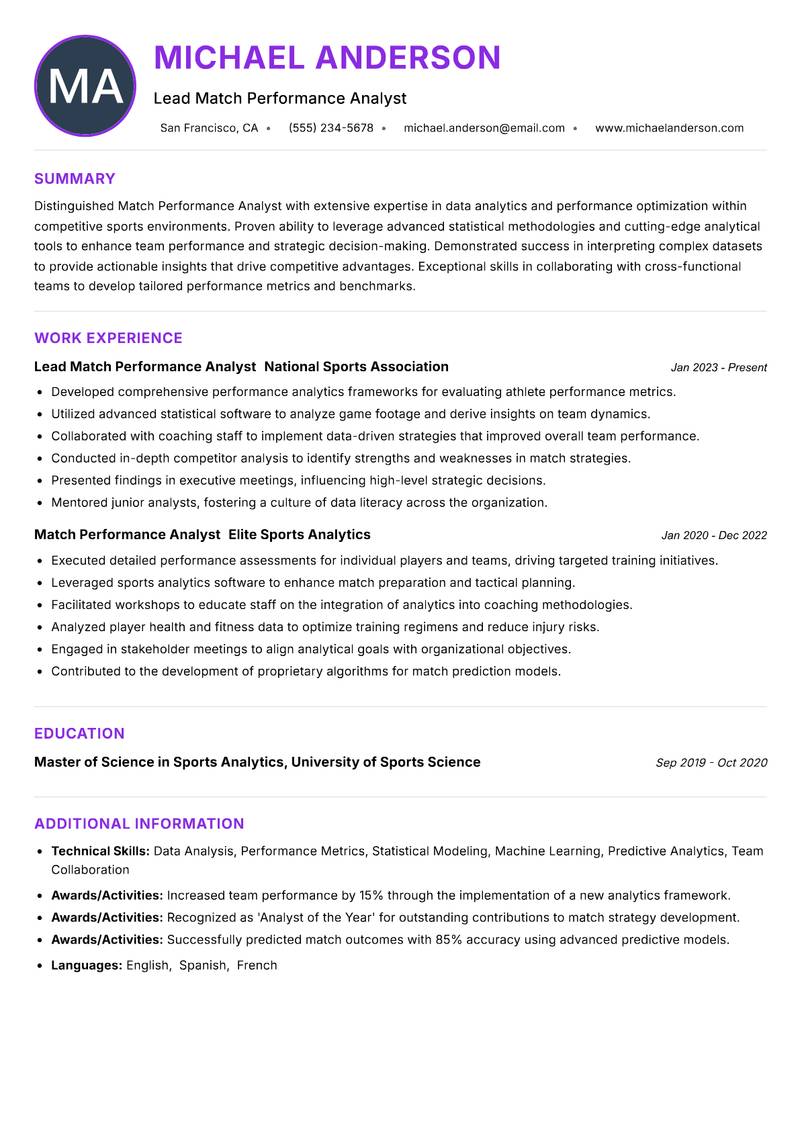 Match Performance Analyst resume example — ATS-friendly template