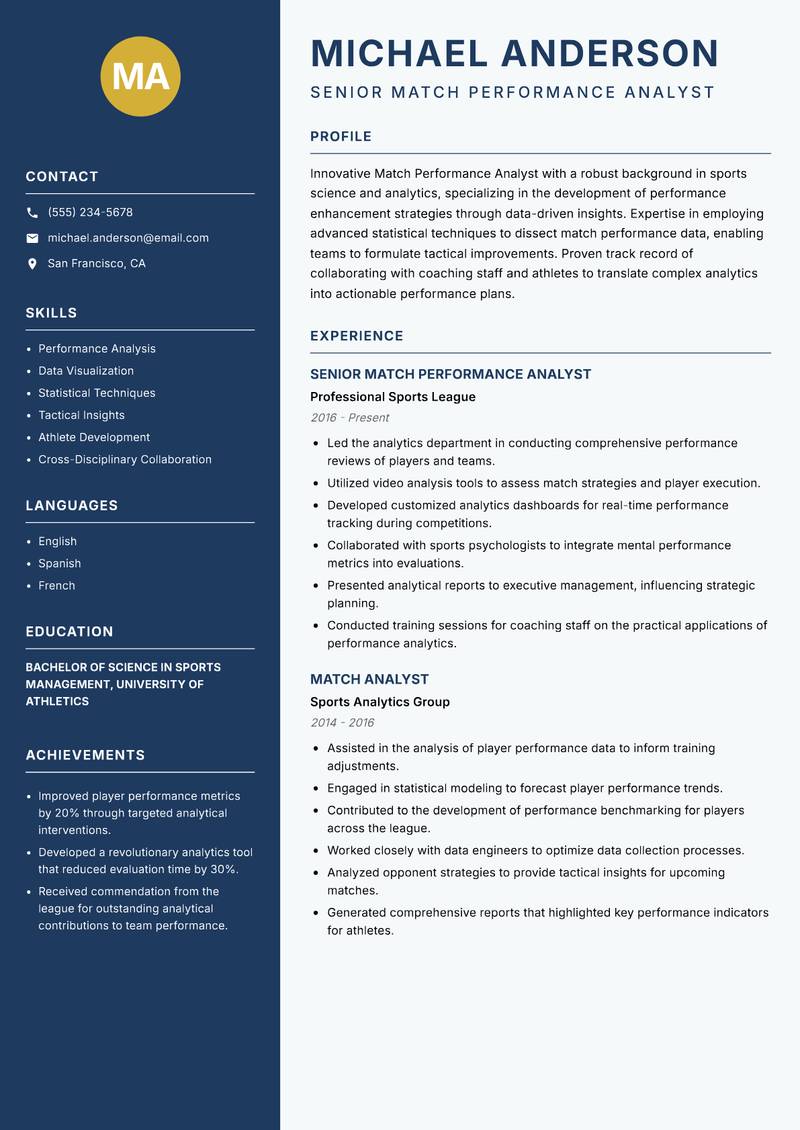 Match Performance Analyst resume template — Classic Clean