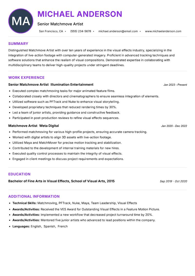 Matchmove Artist resume example — ATS-friendly template