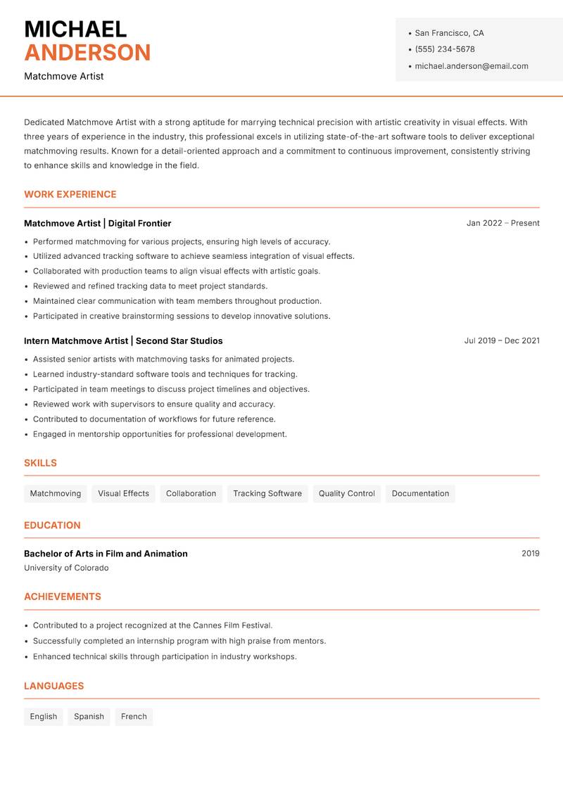 Matchmove Artist resume template — Modern Professional