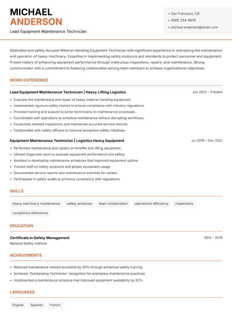 Material Handling Equipment Technician resume template — Modern Professional