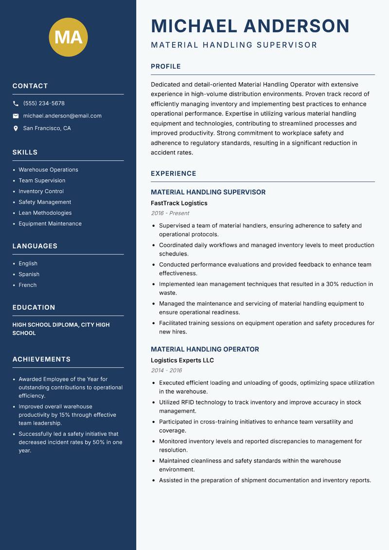 Material Handling Operator resume template — Classic Clean