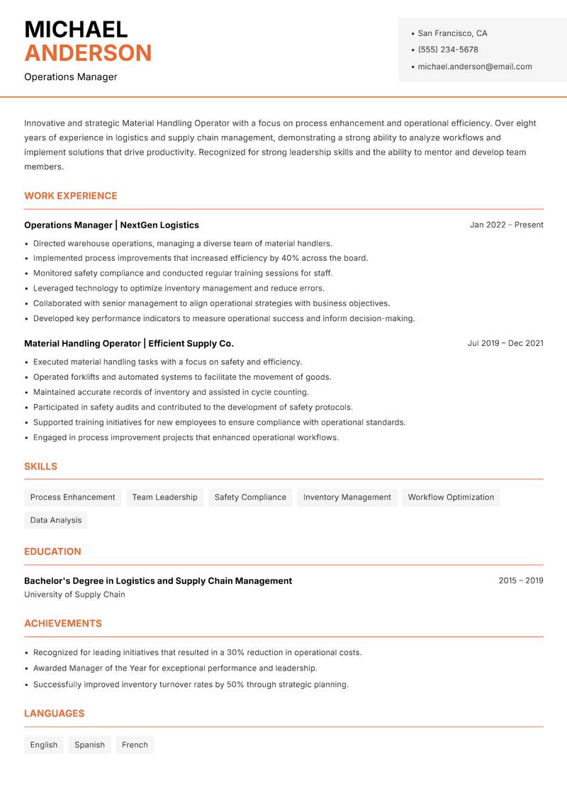 Material Handling Operator resume template — Modern Professional