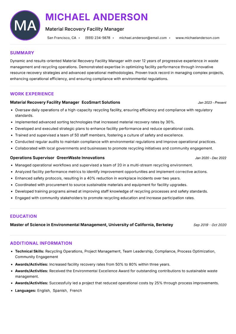 Material Recovery Facility Manager resume example — ATS-friendly template