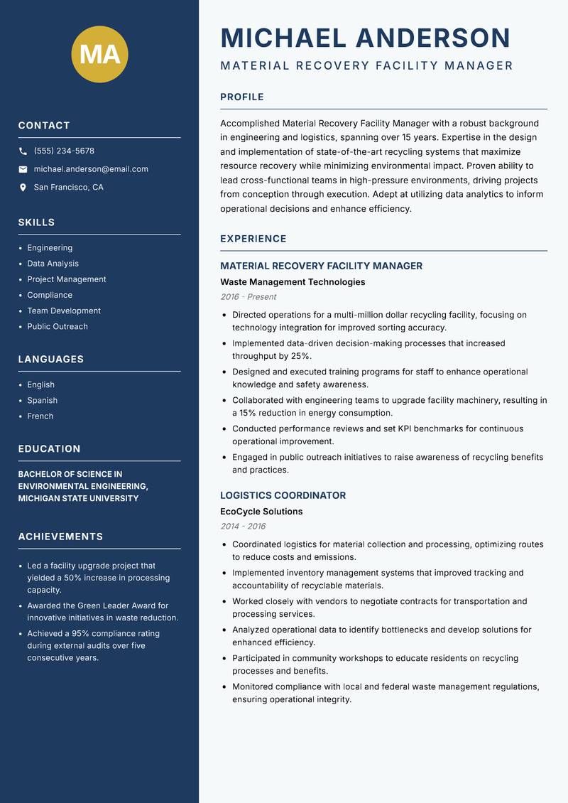 Material Recovery Facility Manager resume template — Classic Clean