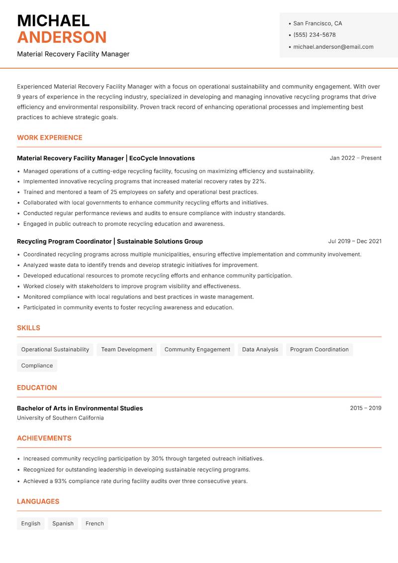 Material Recovery Facility Manager resume template — Modern Professional
