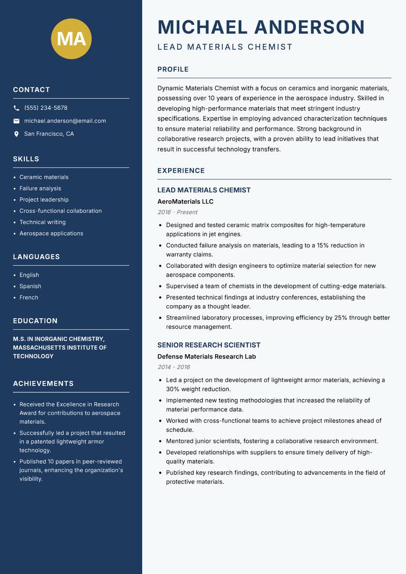 Materials Chemist resume template — Classic Clean