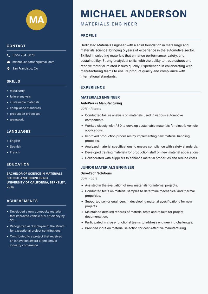 Materials Engineer resume template — Classic Clean