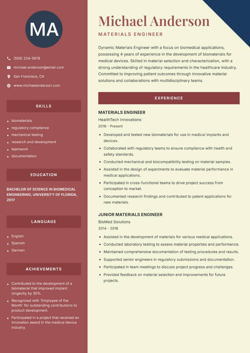 Materials Engineer resume template — Two Column