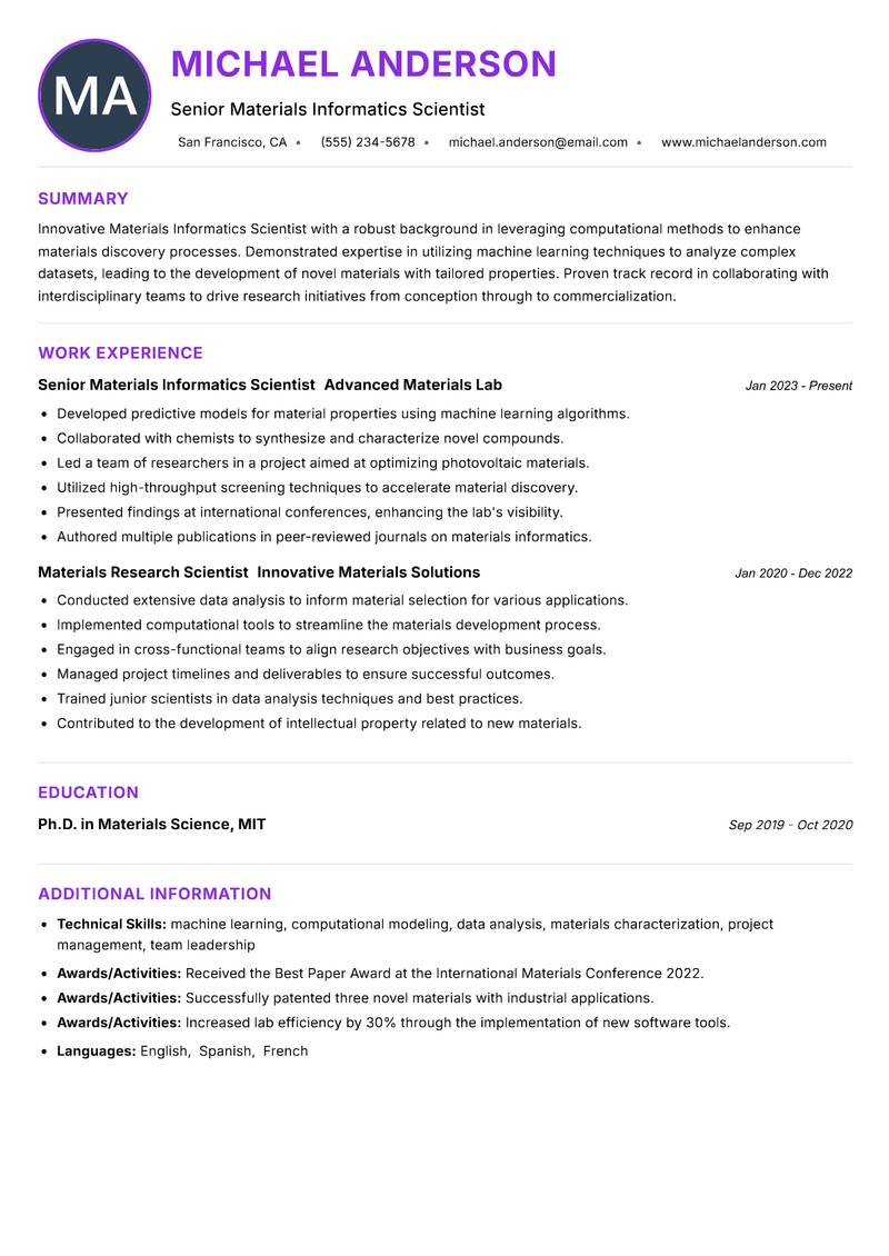 Materials Informatics Scientist resume example — ATS-friendly template