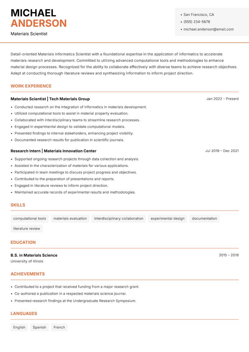 Materials Informatics Scientist resume template — Modern Professional