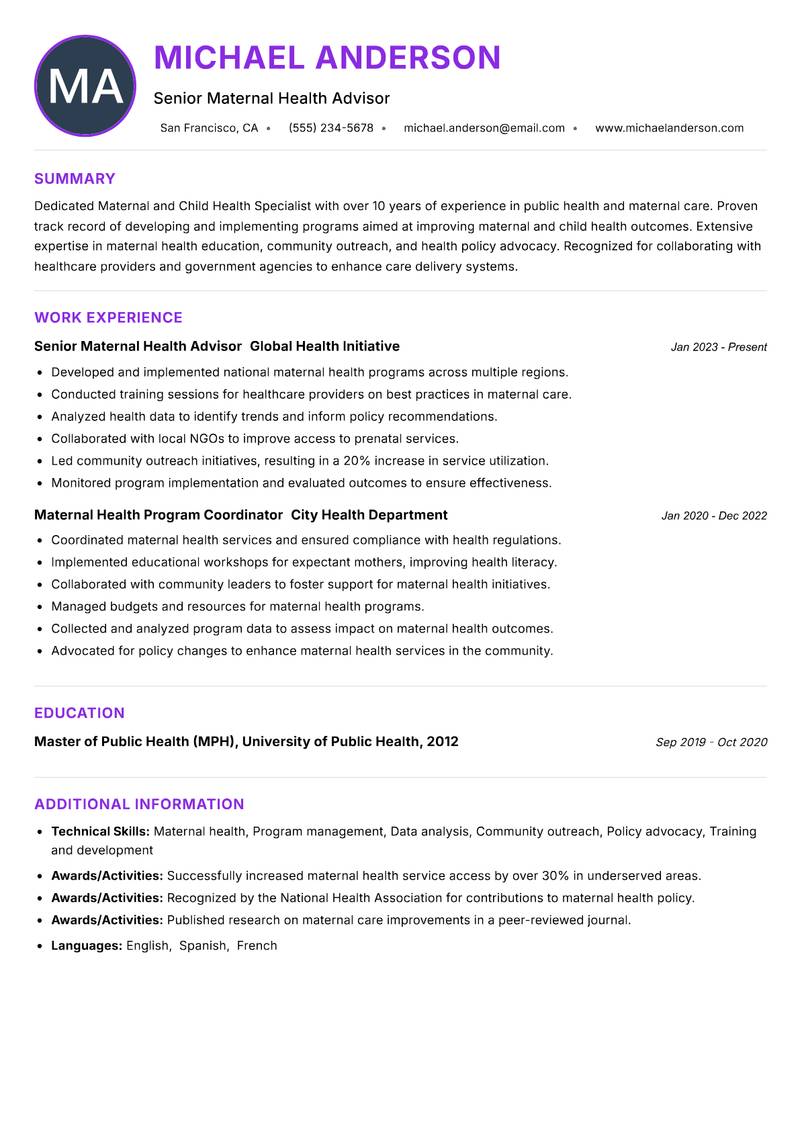 Maternal and Child Health Specialist resume example — ATS-friendly template