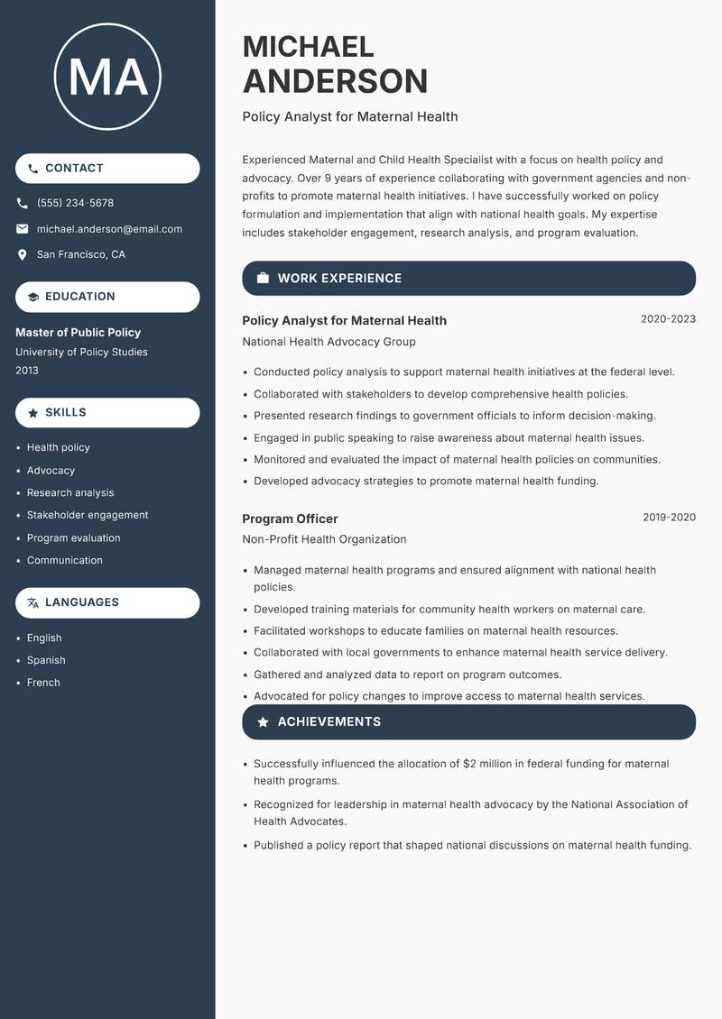 Maternal and Child Health Specialist resume template — Compact
