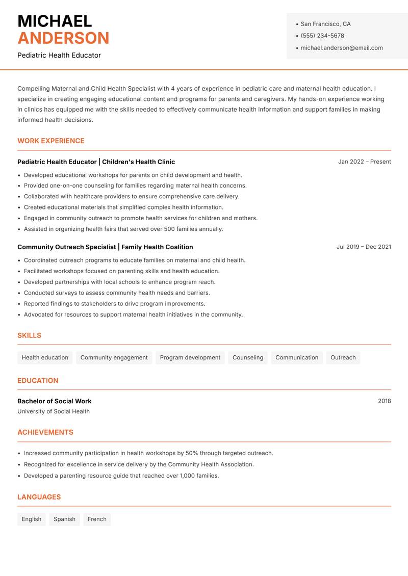 Maternal and Child Health Specialist resume template — Modern Professional