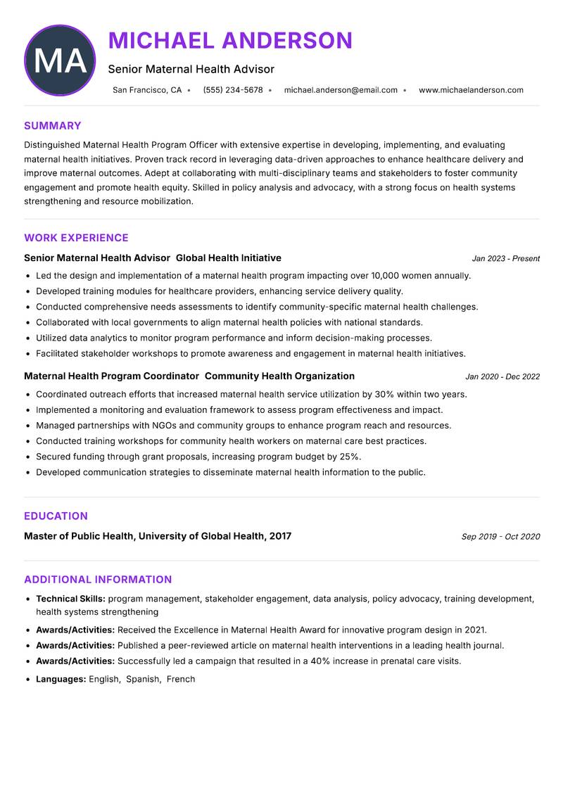 Maternal Health Program Officer resume example — ATS-friendly template