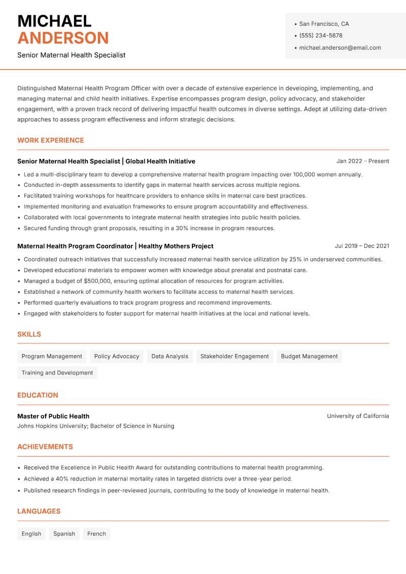 Maternal Health Program Officer resume template — Modern Professional