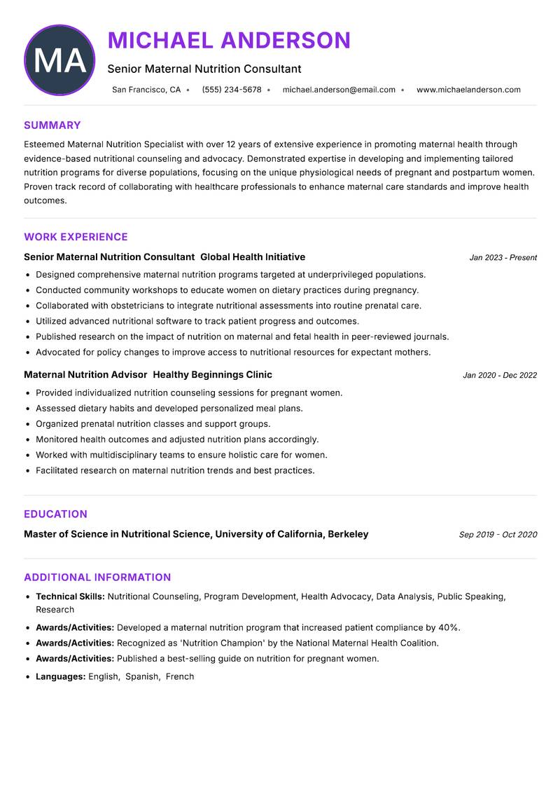 Maternal Nutrition Specialist resume example — ATS-friendly template