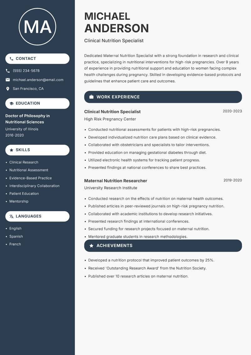Maternal Nutrition Specialist resume template — Compact